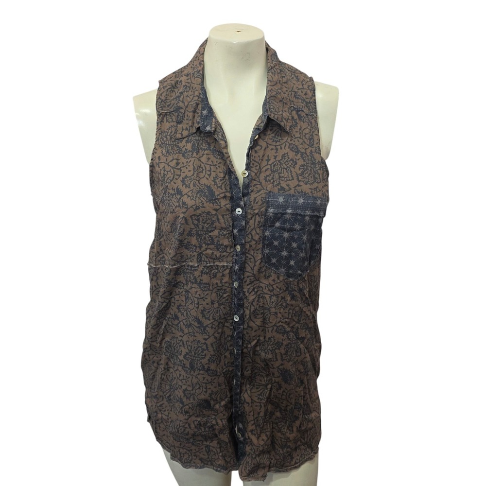 Free People Brown Floral Sleeveless Button Down Tunic Top Boho Patchwork Shirt